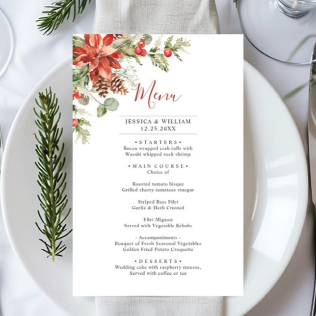 Elegant Red Poinsettia Winter Wedding Dinner Menu (Creator Uploaded)