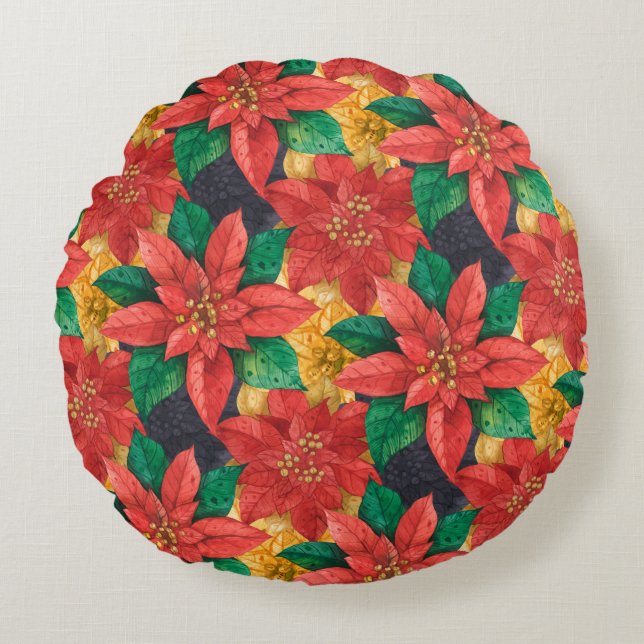 Elegant Red Poinsettias Christmas Holiday Round Cushion (Front)
