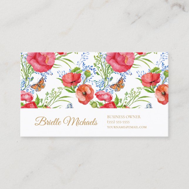 Elegant Red Poppies and Butterflies and Gold Scrip Business Card (Front)