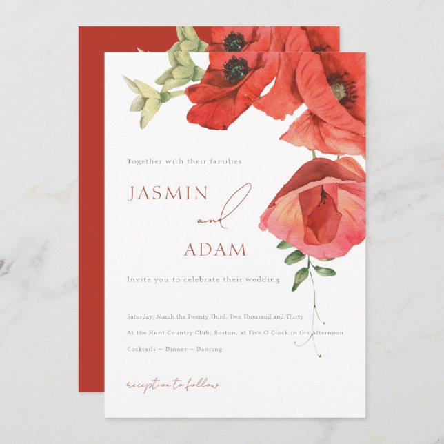 Elegant Red Poppies Floral Wedding Invitation (Front/Back)