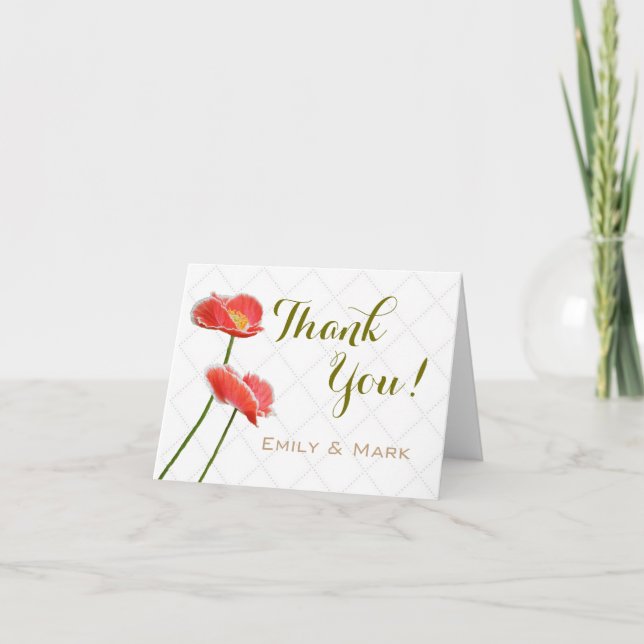 Elegant Red Poppies Floral Wedding Thank You Card (Front)