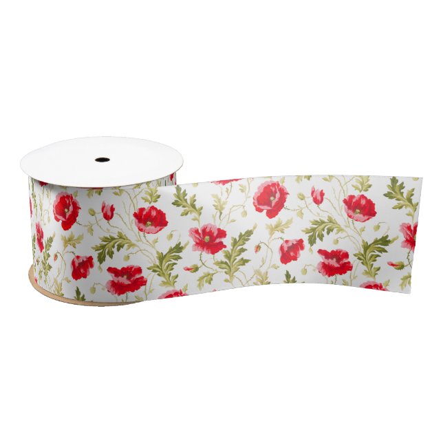 Elegant Red Poppies & Green Leaves Floral Pattern Satin Ribbon (Spool)