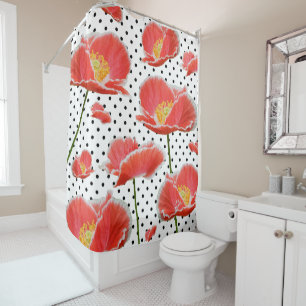 Elegant Red Poppies Polka Dots Chic Floral Shower Curtain