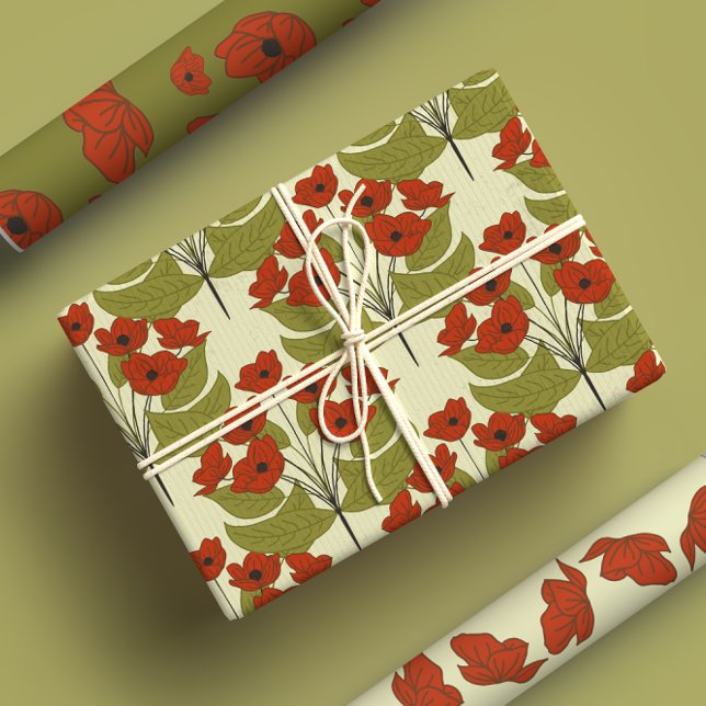 Elegant Red Poppies With Cute Green Leaves Wrapping Paper Sheet (Creator Uploaded)