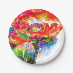 Elegant red poppy classic red floral watercolor  paper plate