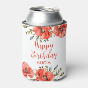 Elegant Red Poppy Greenery Fifty Birthday  Can Cooler
