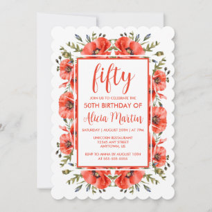 Elegant Red Poppy Greenery Fifty Birthday  Invitation