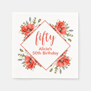 Elegant Red Poppy Greenery Fifty Birthday Napkin