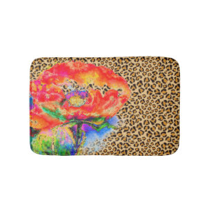 Elegant red poppy red floral leopard cheeta accent bath mat