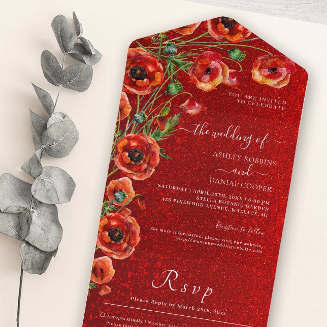 Elegant Red Poppy Romantic Roses Wedding All In One Invitation (Creator Uploaded)