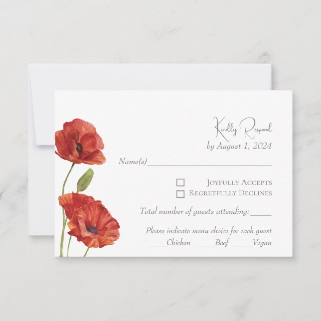 Elegant Red Poppy Watercolor Flowers Wedding RSVP Card (Front)