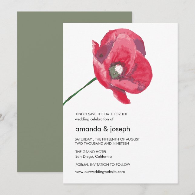 Elegant Red Poppy Wedding Save the Date Card (Front/Back)