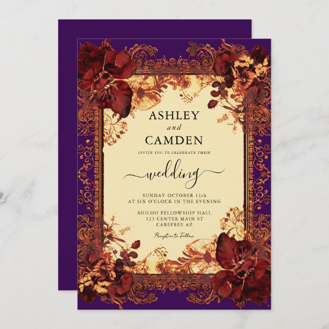 Elegant Red Purple Orange Wedding Invitation (Front/Back)