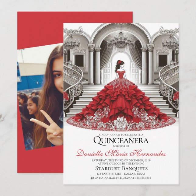 Elegant Red Quinceañera Invitation (Front/Back)