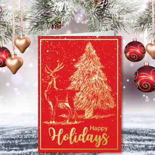 Elegant Red Reindeer and Tree Christmas Foil Holiday Card