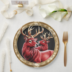 Elegant Red Reindeer Moose Gold snow merry Xmas Paper Plate
