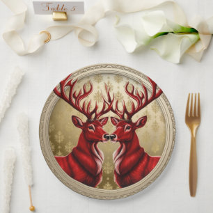 Elegant Red Reindeer Moose Gold snow merry Xmas Paper Plate