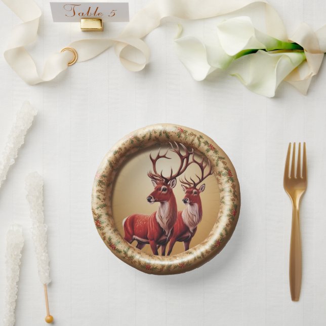 Elegant Red Reindeer Moose Gold snow merry Xmas Paper Plate (Wedding)