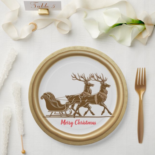 Elegant Red Reindeer Sled Gold Snow merry Xmas Paper Plate (Wedding)