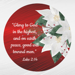 Elegant Red Religious White Poinsettia Christmas Classic Round Sticker