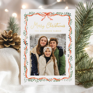 Elegant Red Ribbon and Greenery 2 Photo Foil Holiday Card