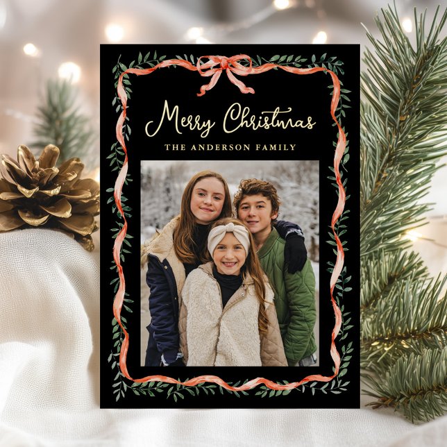 Elegant Red Ribbon and Greenery Black 2 Photo Foil Holiday Card (Creator Uploaded)