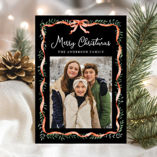 Elegant Red Ribbon and Greenery Black 2 Photo Holiday Card