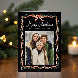 Elegant Red Ribbon and Greenery Black Photo Holiday Card
