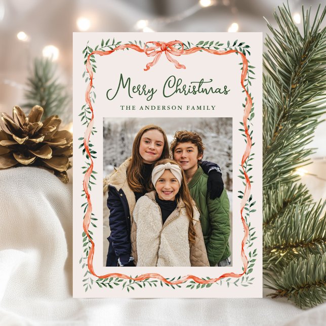 Elegant Red Ribbon and Greenery Cream 2 Photo Holiday Card (Creator Uploaded)
