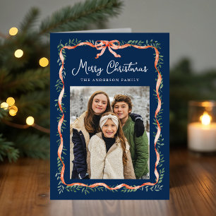 Elegant Red Ribbon and Greenery Navy Photo Holiday Card