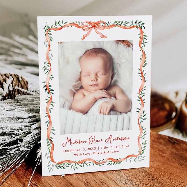 Elegant Red Ribbon and Greenery Photo Birth Announcement (Creator Uploaded)
