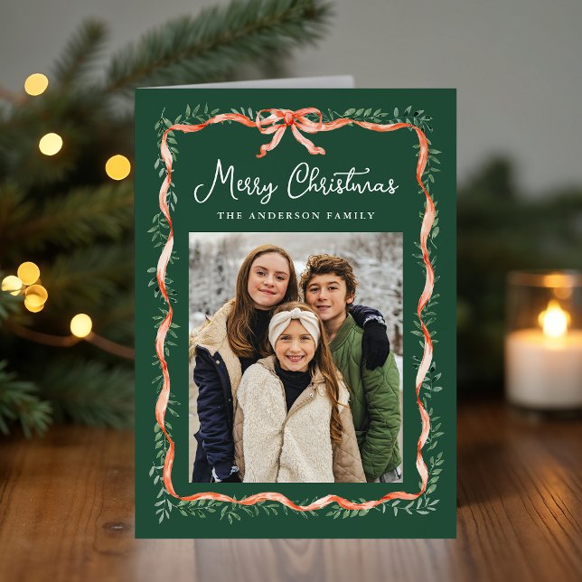 Elegant Red Ribbon and Greenery Photo Holiday Card (Creator Uploaded)