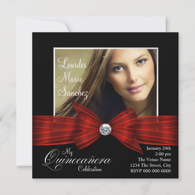 Elegant Red Ribbon Black Red Photo Quinceanera Invitation (Front)