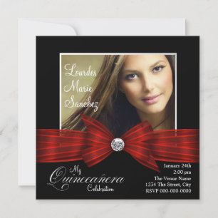 Elegant Red Ribbon Black Red Photo Quinceanera Invitation