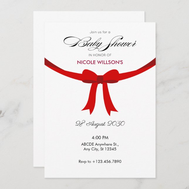 Elegant red ribbon bow baby shower invitation (Front/Back)