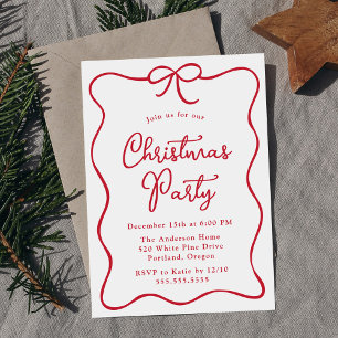 Elegant Red Ribbon Bow Christmas Party Invitation