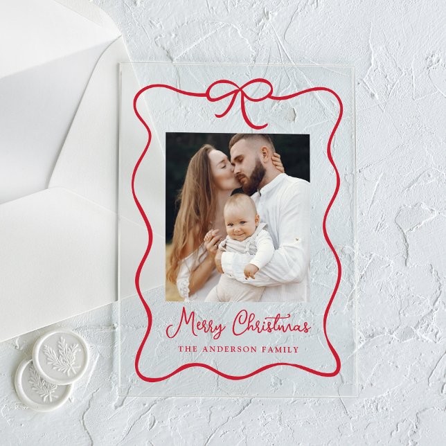 Elegant Red Ribbon Bow Photo Acrylic Holiday Card Acrylic Invitations (Creator Uploaded)