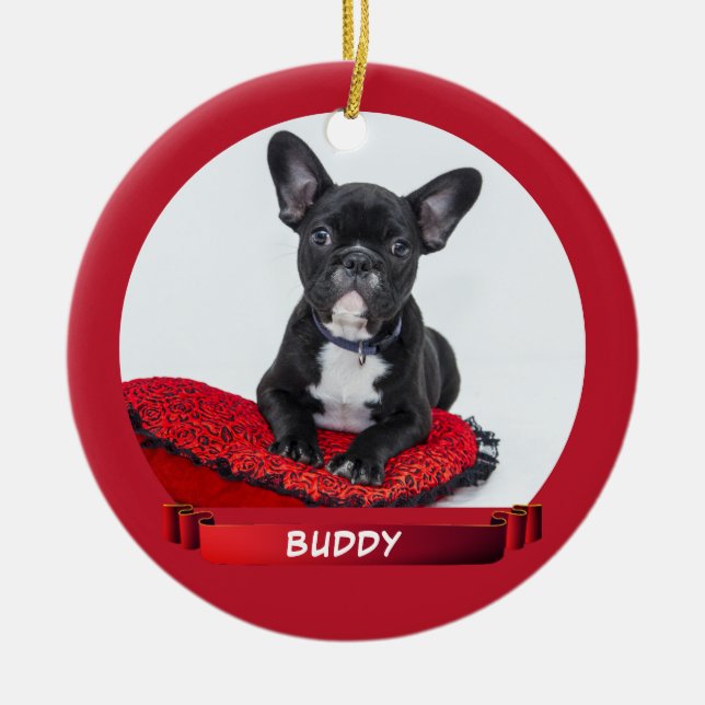 Elegant Red Ribbon Dog Puppy Pet Photo Ceramic Ornament (Front)
