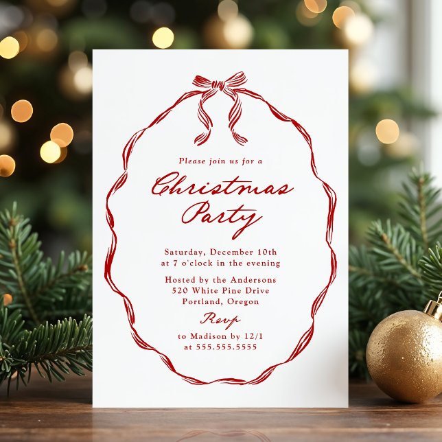 Elegant Red Ribbon Frame Christmas Party Invitation (Creator Uploaded)