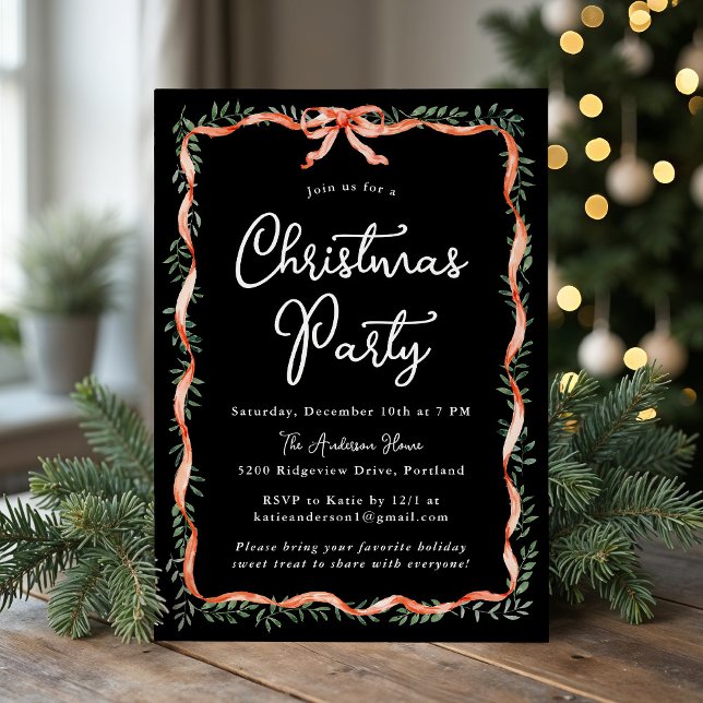 Elegant Red Ribbon Greenery Black Christmas Party Invitation (Creator Uploaded)