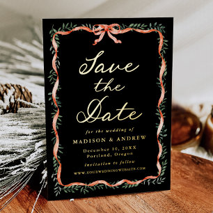 Elegant Red Ribbon Greenery Black Save the Date