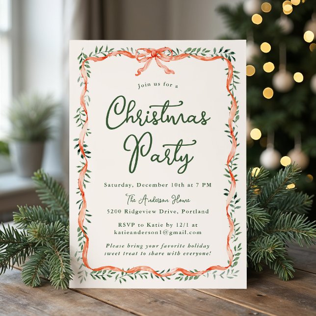 Elegant Red Ribbon Greenery Cream Christmas Party Invitation (Creator Uploaded)