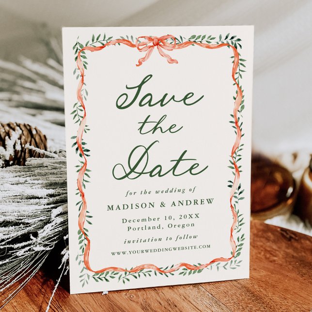 Elegant Red Ribbon Greenery Cream Holiday Wedding Save The Date (Creator Uploaded)