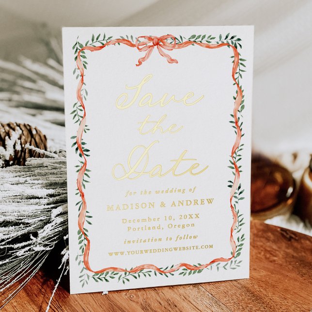 Elegant Red Ribbon Greenery Holiday Save the Date (Creator Uploaded)