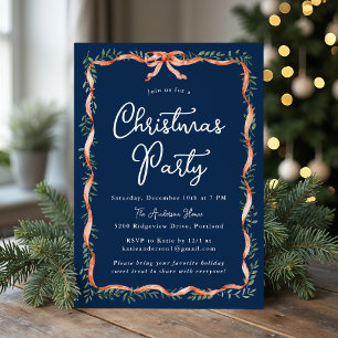 Elegant Red Ribbon Greenery Navy Christmas Party Invitation