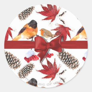 Elegant Red Ribbon Watercolor Winter Pattern Classic Round Sticker