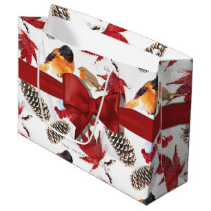 Elegant Red Ribbon Watercolor Winter Pattern Large Gift Bag