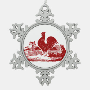 Elegant Red Rooster Vintage Country Farm Snowflake Pewter Christmas Ornament
