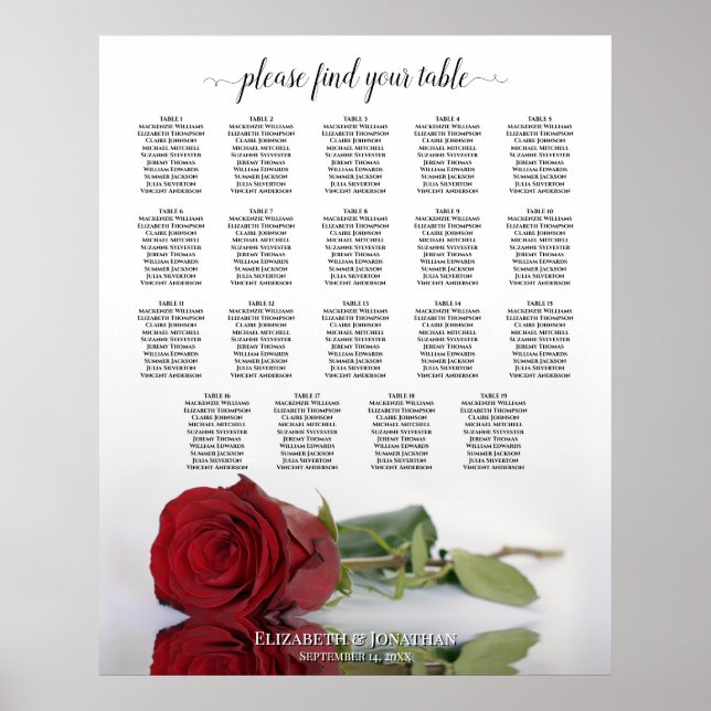 Elegant Red Rose 19 Table Wedding Seating Chart (Front)