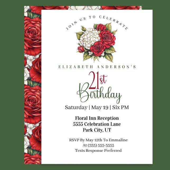 Elegant Red Rose 21st Birthday Invitation (Creator Uploaded)